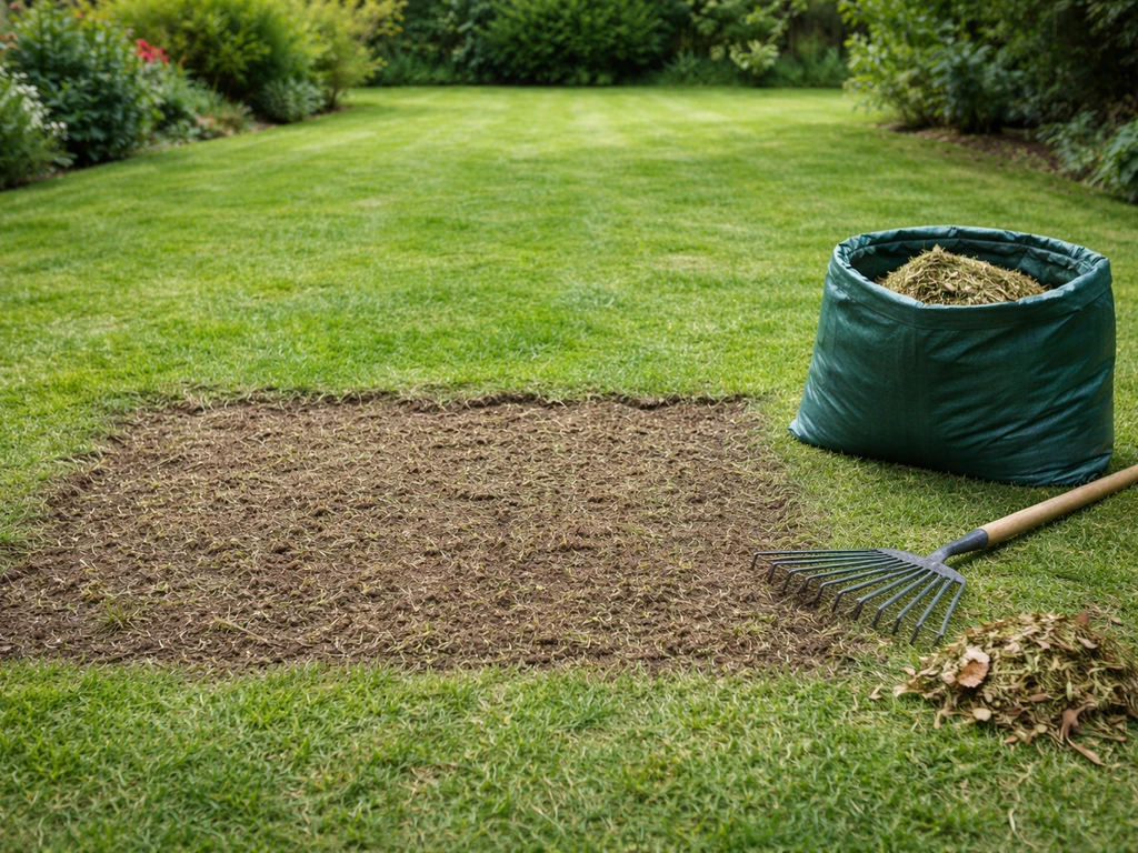 Pelouse tondue à 4–5 cm, zone légèrement griffée et déchets de tonte ramassés avant sursemis.