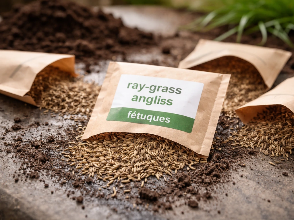 Gros plan sur un sachet de semences de gazon et un mélange ray-grass/fétuques pour regarnissage.