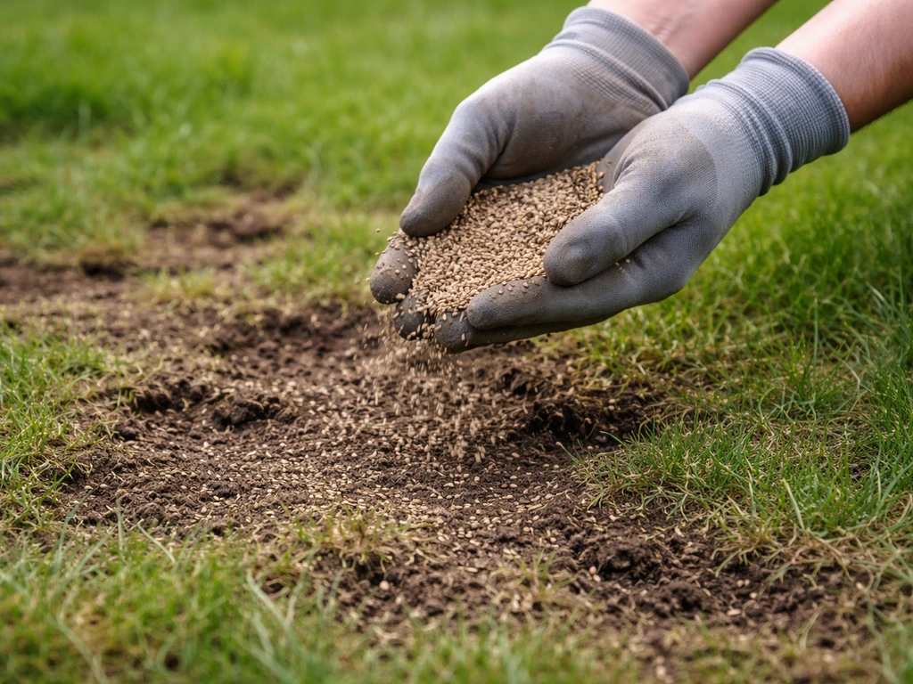 Mains gantées épandant des graines sur une pelouse griffée, avec rangs de terre visibles par endroits