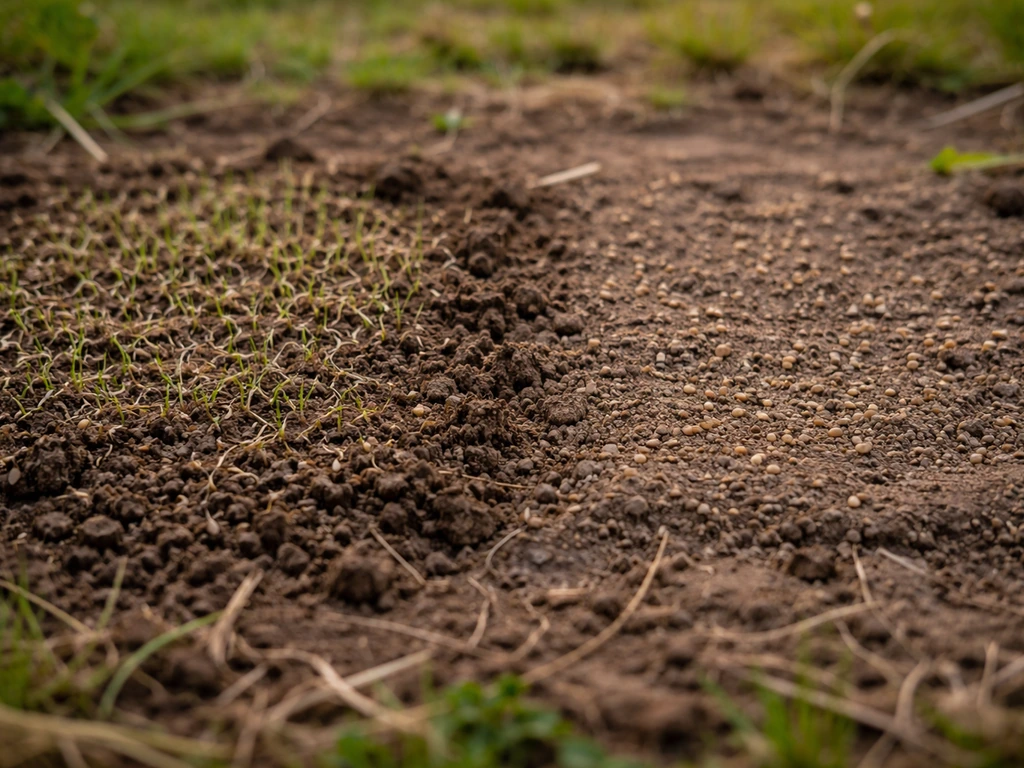 Sol après semis : zone dense de graines à gauche et zone presque vide à droite, contraste net.