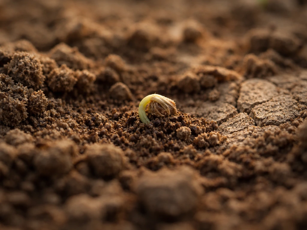 Graine de semis posée sur une terre grumeleuse, sol non tassé, zones sèches empêchant la germination