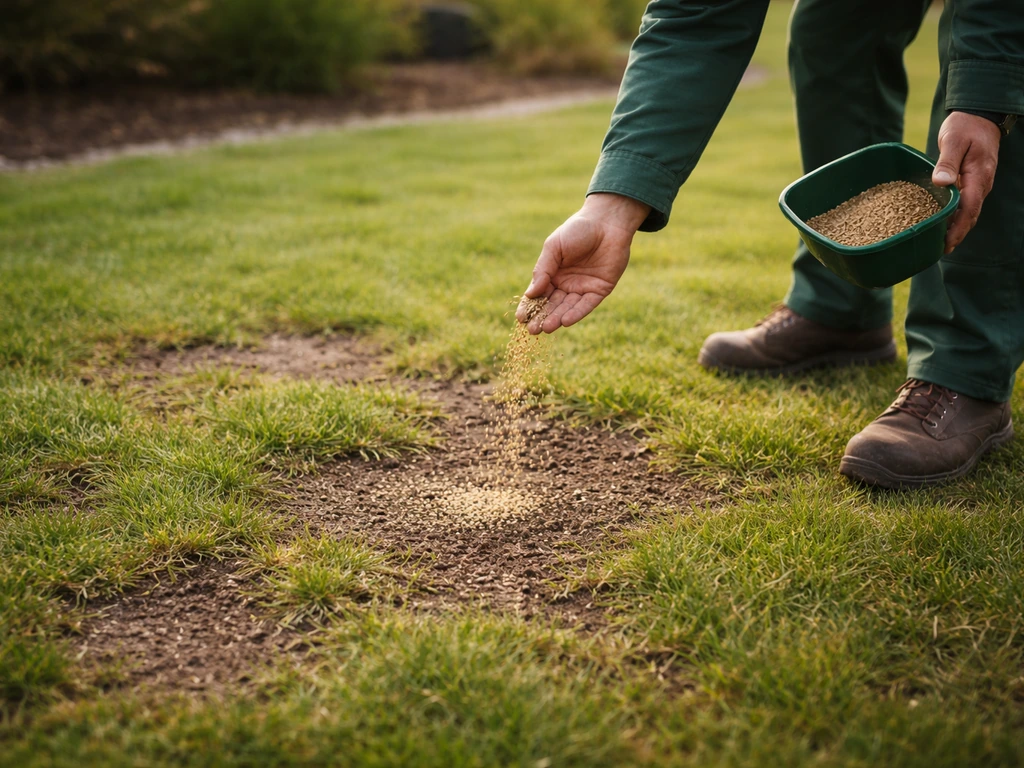 Jardinier appliquant des graines de gazon dans des zones dégarnies après sursemis