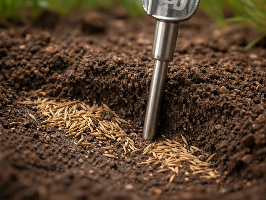 Gros plan sur un thermomètre de jardin dans le sol, près de graines de gazon semées.