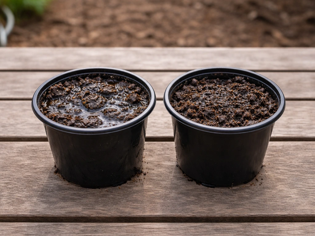 Deux pots côte à côte : à gauche terre détrempée et compacte, à droite terre juste humide et aérée