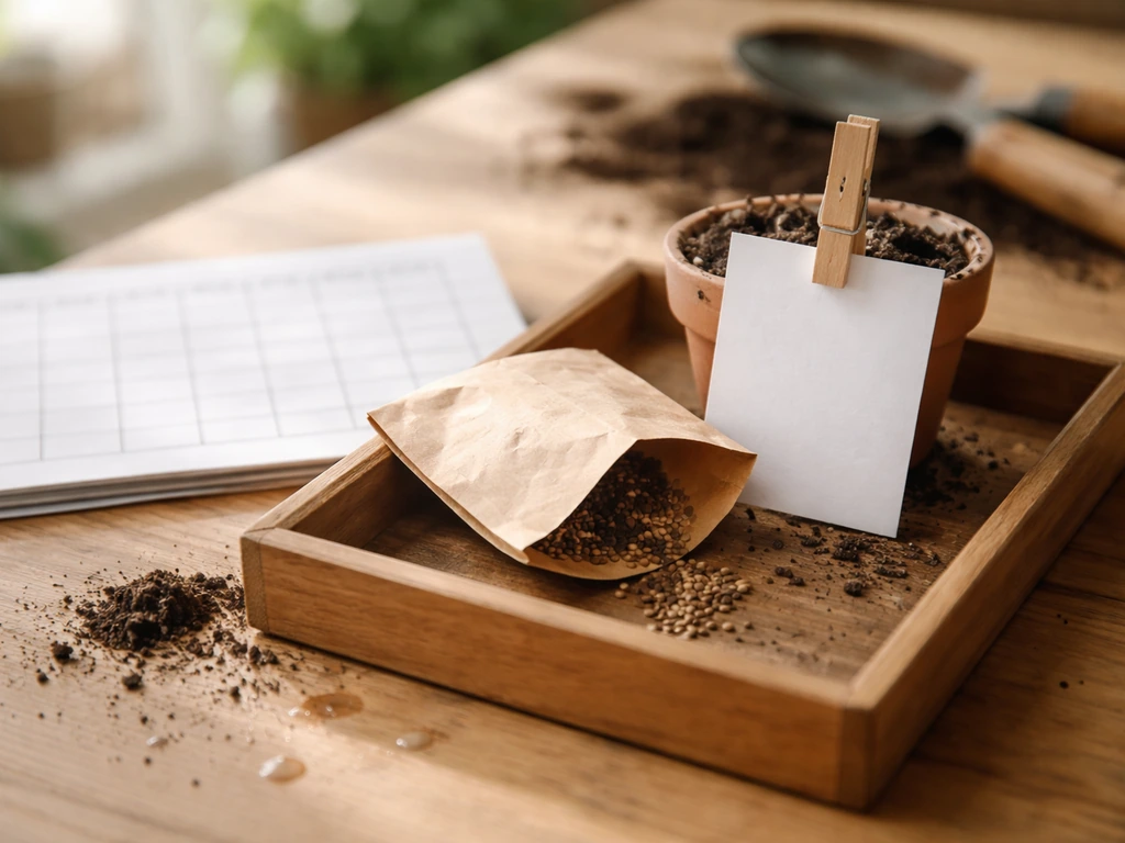 Sachet de semences et étiquette de datation posés sur un plateau, près d’un calendrier de suivi jardinier discret.