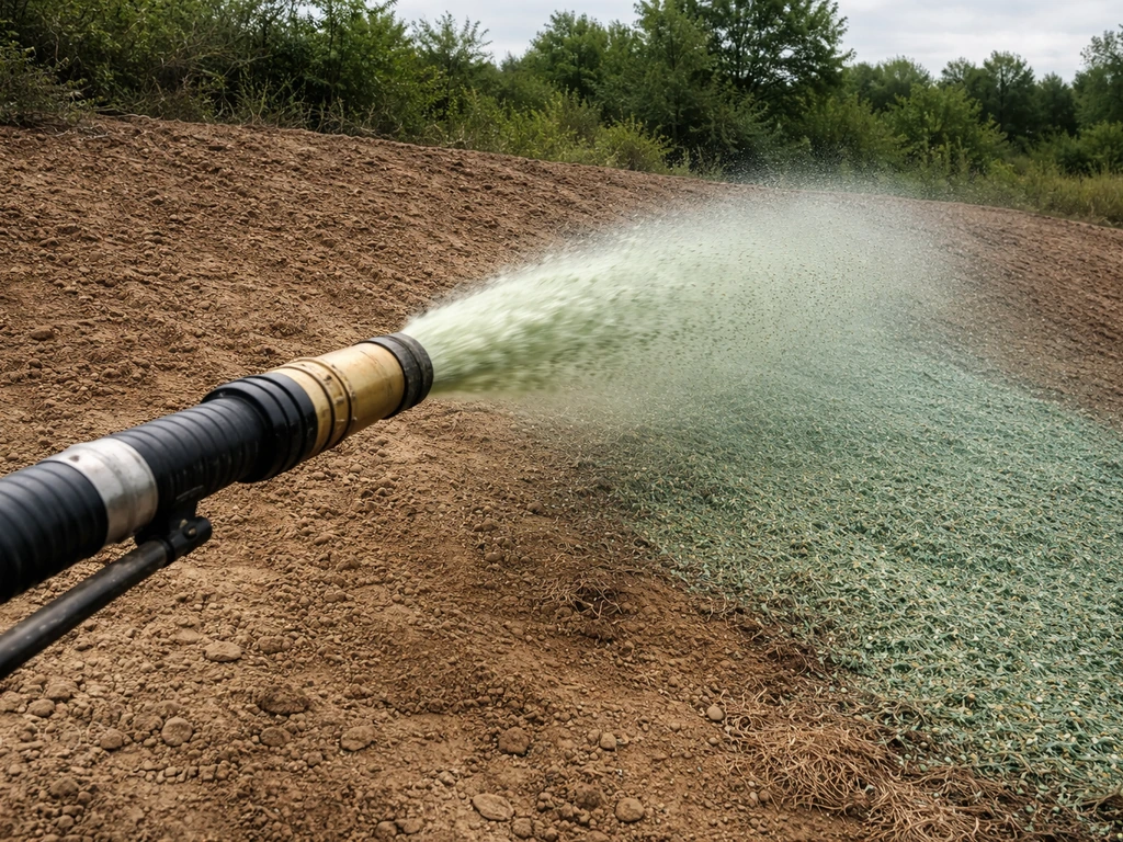 Tuyau de projection projetant un mélange d’hydroseeding sur le sol pour stabiliser une zone de terrain.