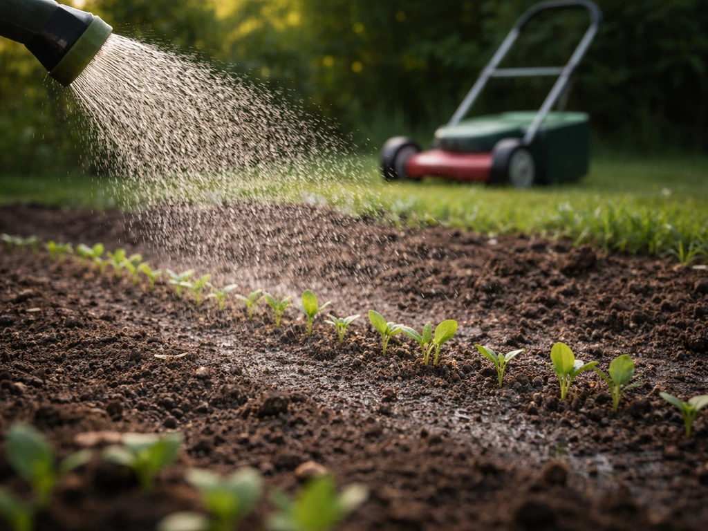 Jardin après semis : pluie fine d’un arroseur et jeunes pousses verdoyantes prêtes pour la première tonte.