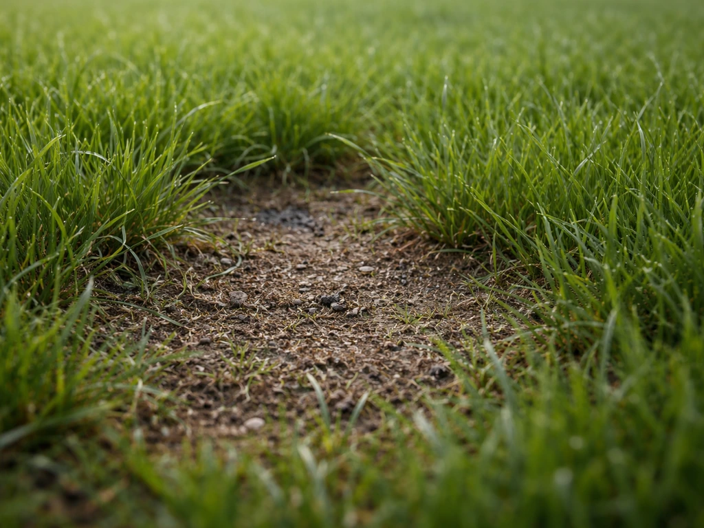 Gros plan sur des brins d’herbe et le sol, montrant zones nues et hauteur pour savoir si l’on peut marcher.
