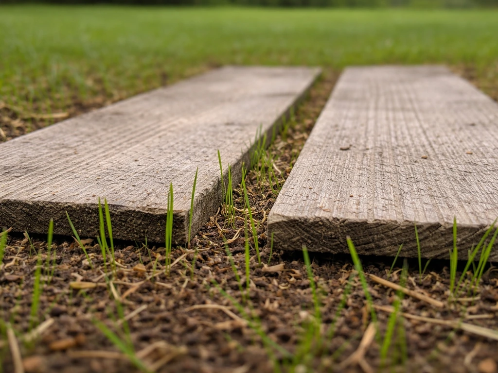 Gros plan de planches en bois posées sur un gazon fraîchement semé pour répartir le poids sans abîmer les plants
