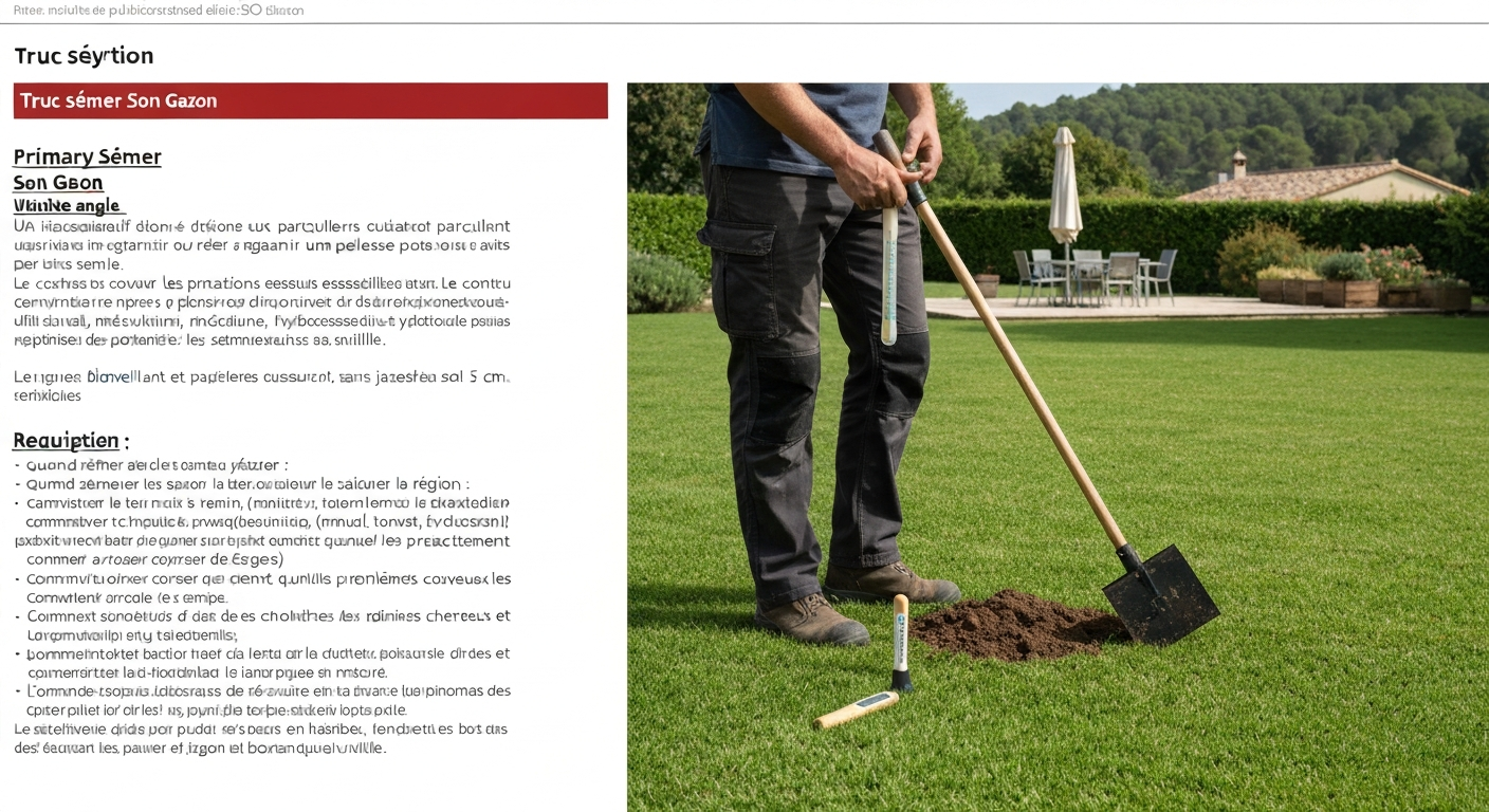 Personne semant du gazon dans un jardin français en automne avec épandeur, sol préparé et thermomètre de sol visible.
