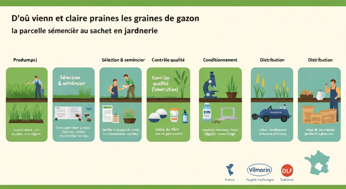 Infographie du parcours des graines de gazon : champs, sélection, contrôle en laboratoire, conditionnement et distribution en jardinerie, avec pays d'origine indiqués.