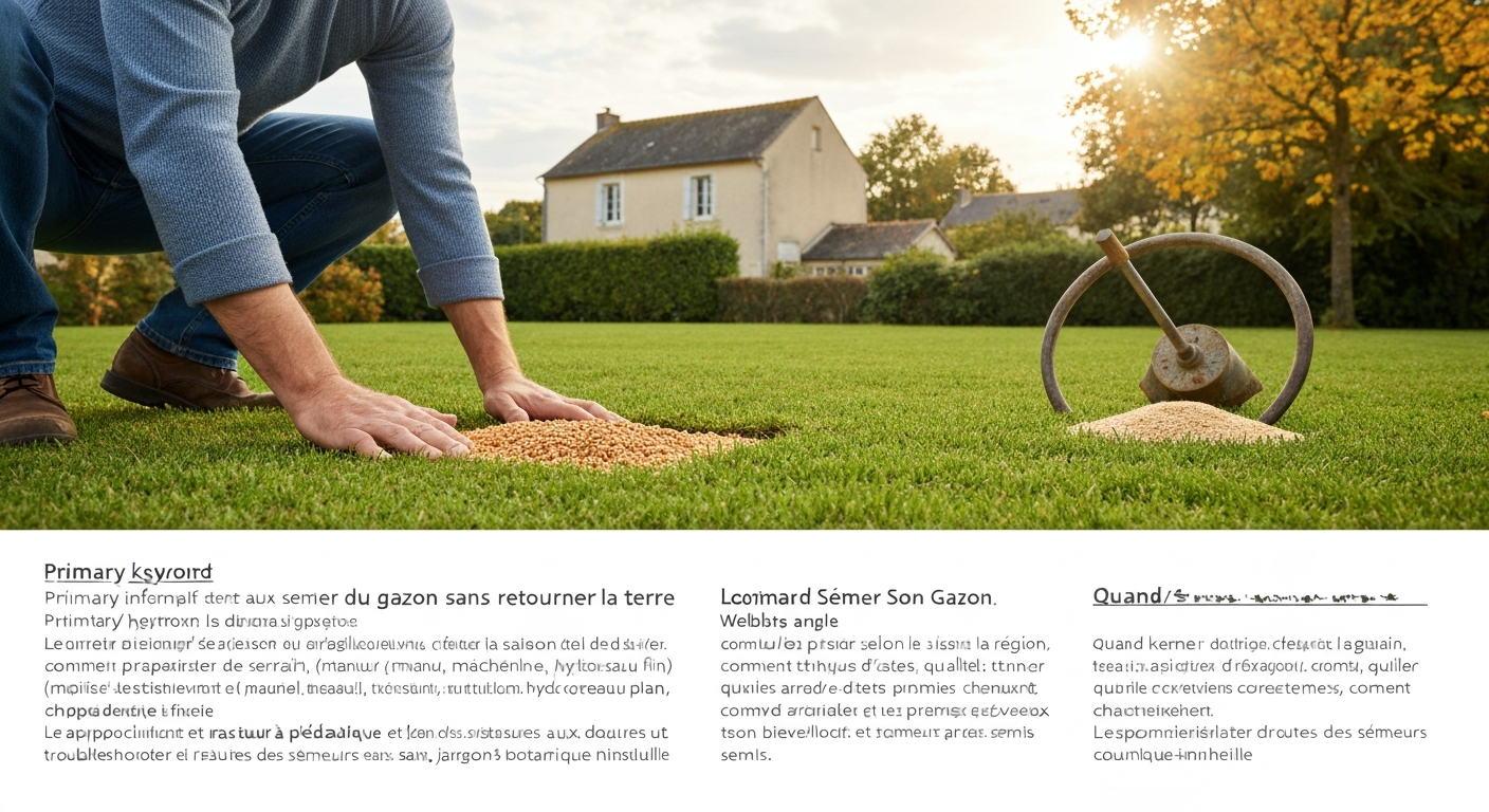 Jardinier semant du gazon sans retourner la terre : surface griffée, topdressing, râteau et arrosage doux