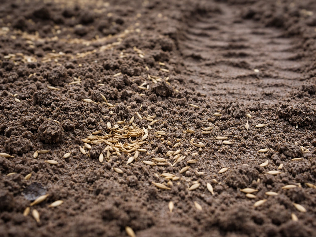 Graines de gazon sur une terre humide avec traces de pas, certaines ne s’enracinent pas correctement.