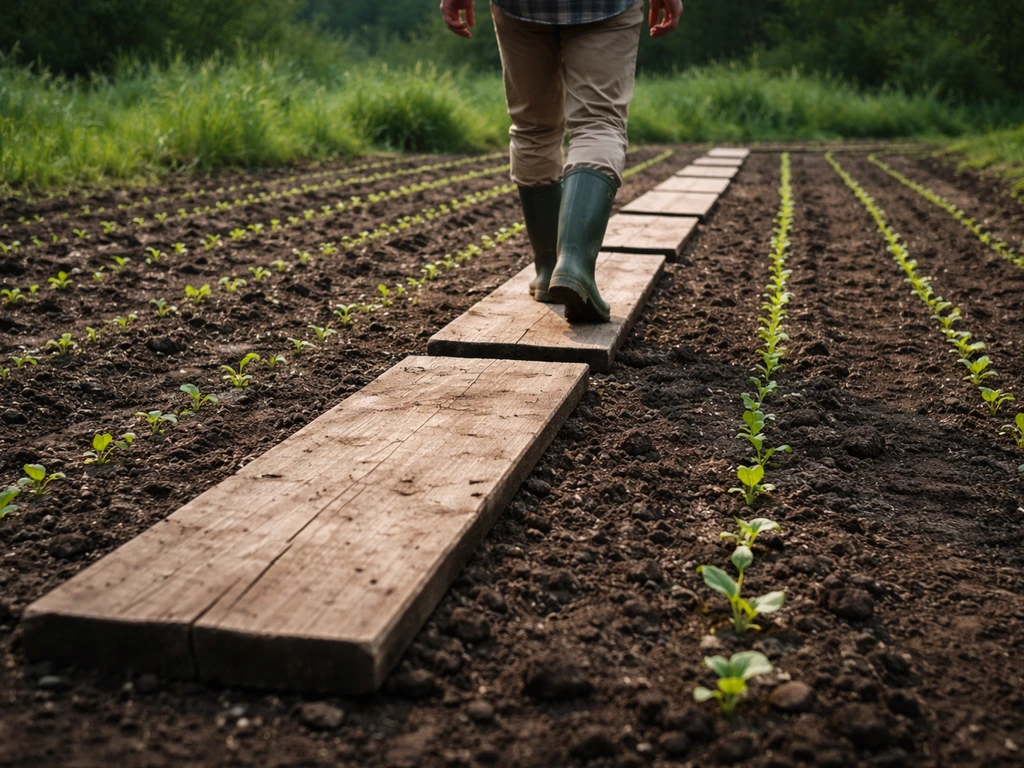 Jardin ensemencé, planches en bois posées pour marcher sans piétiner les graines.