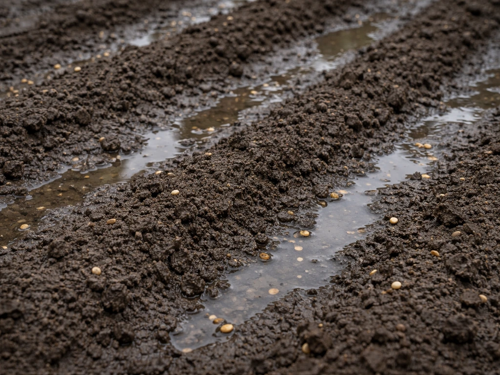 Semis fraîchement semé après une grosse pluie : sol sombre, petites flaques et graines légèrement déplacées