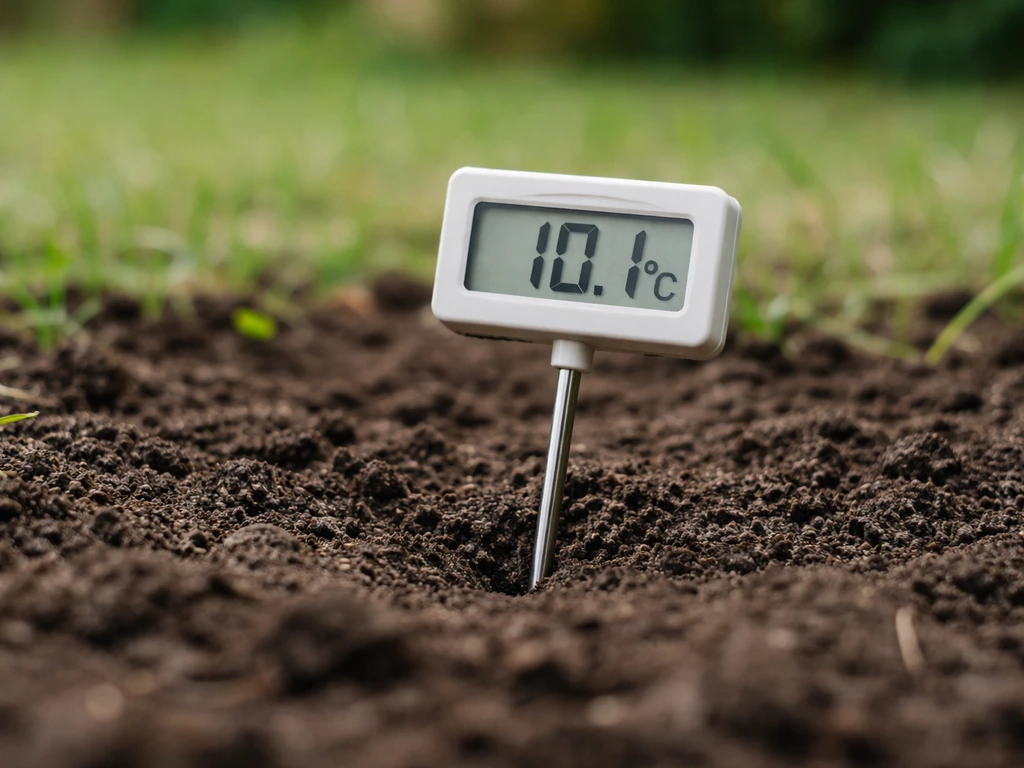 Thermomètre de sol affichant environ 10 °C planté dans la terre, fond de jardin flou.
