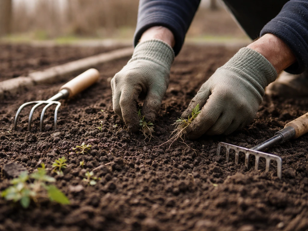 Gros plan sur le désherbage avant semis, griffe à main et terre émiettée dans un potager.