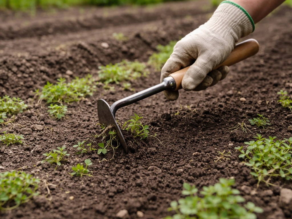 Plan rapproché d’un désherbage au potager : binette et sol débarrassé des mauvaises herbes avant le travail.