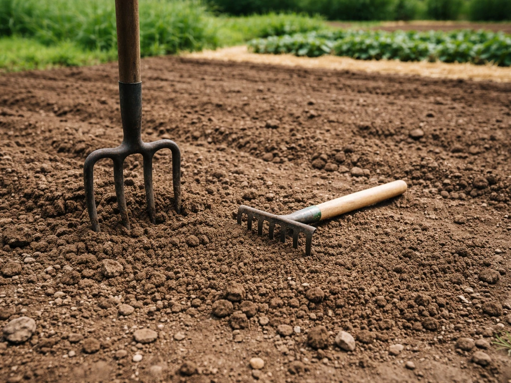 Fourche-bêche et râteau sur une terre retournée, jardin potager en cours d’émiettement et de nivellement.