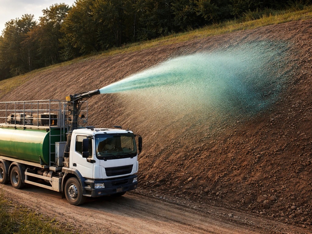 Un camion projette un mélange d’hydroensemencement sur un talus, avec un jet liquide visible sur le sol.