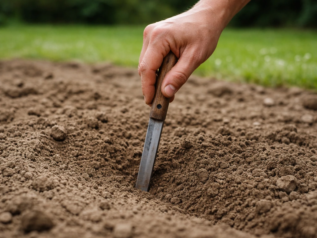 Main enfonçant un tournevis dans la terre pour vérifier une profondeur d’environ 10 à 15 cm avant de semer.