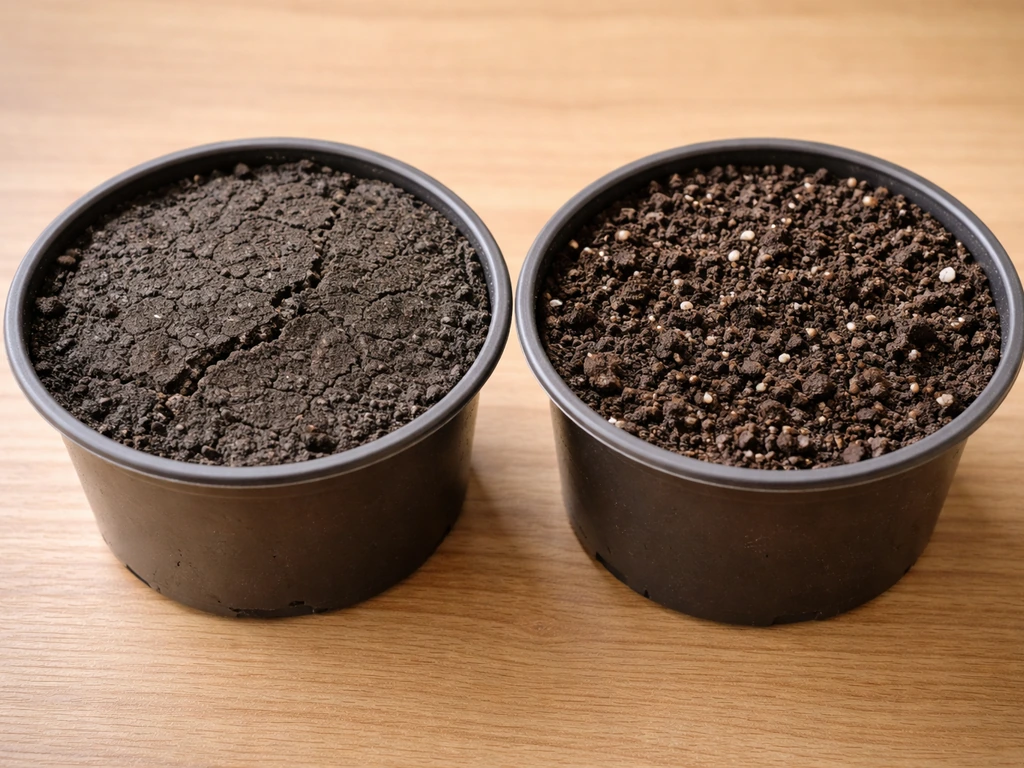 Comparaison côte à côte : terreau compact et croûteux vs terreau friable et prêt pour le semis.