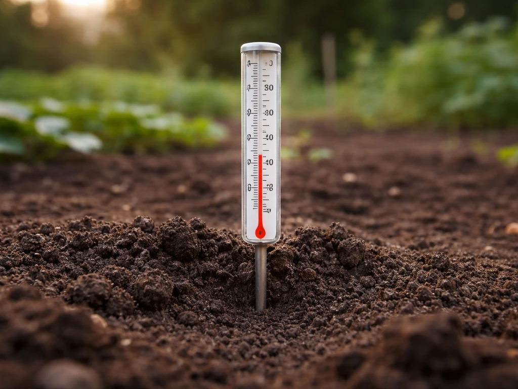 Thermomètre de jardin planté dans une poignée de terre, mesure de la température du sol près de la surface.