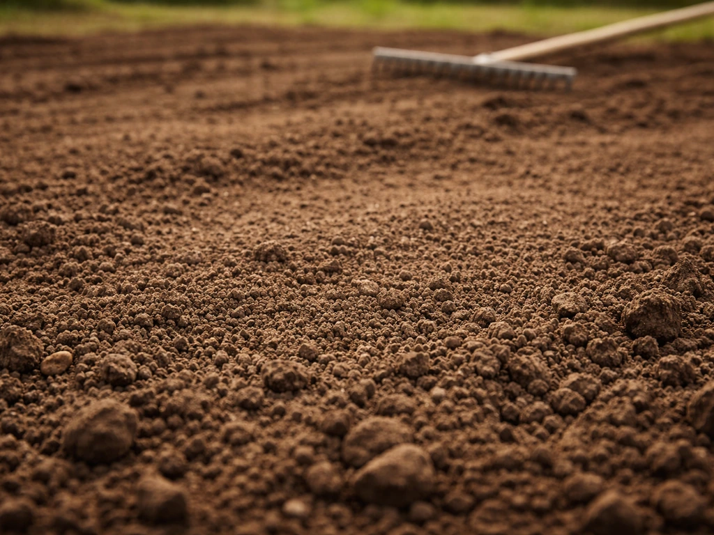Gros plan d’une terre de jardin finement émiettée et nivelée avant le semis.