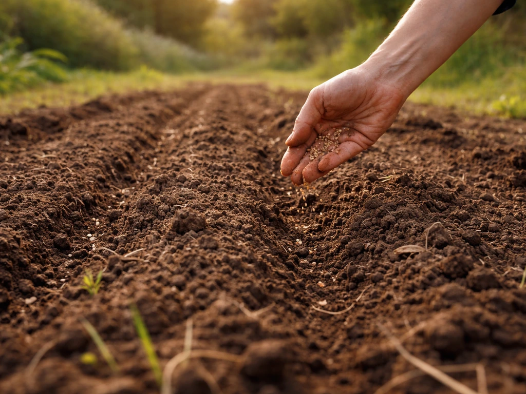 Mains anonymes semant des graines à la main en deux passes croisées sur une petite parcelle de jardin.