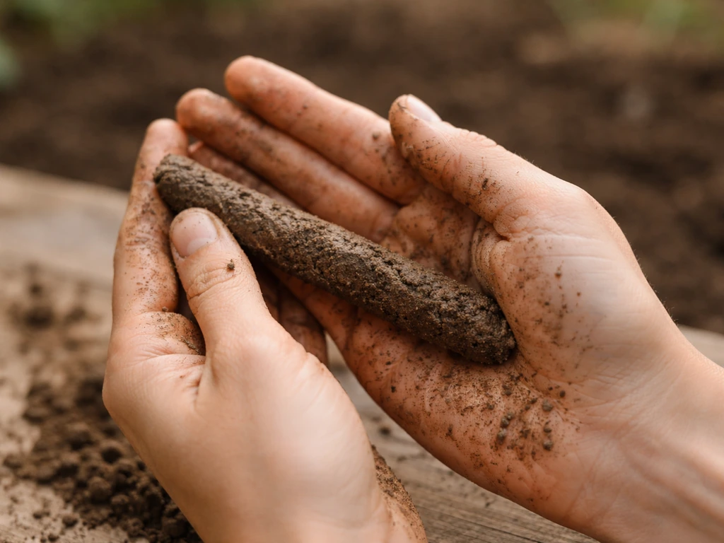 Mains roulant une poignée de terre humide en boudin, pour montrer sa texture et l’adhérence.