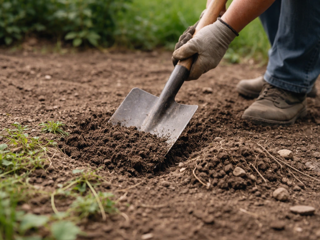 Un jardinier anonyme décape la terre sur quelques centimètres avec une bêche, en retirant racines et cailloux.