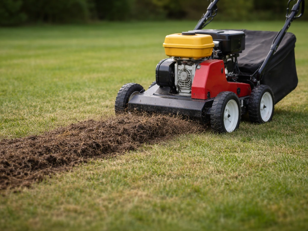 Scarificateur tiré sur une pelouse tondue, soulevant de la mousse et du chaume pour préparer le regarnissage