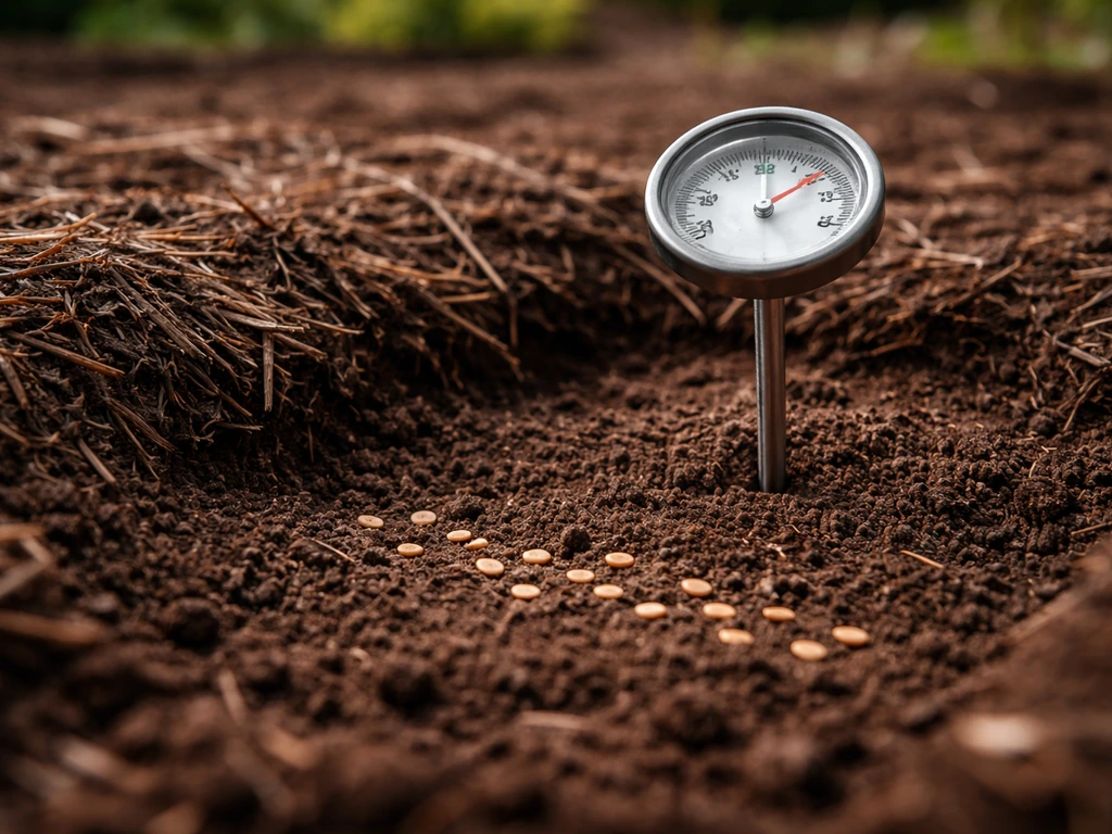 Terre de potager paillée avec un thermomètre de sol planté, illustrant une température suffisante pour semer.