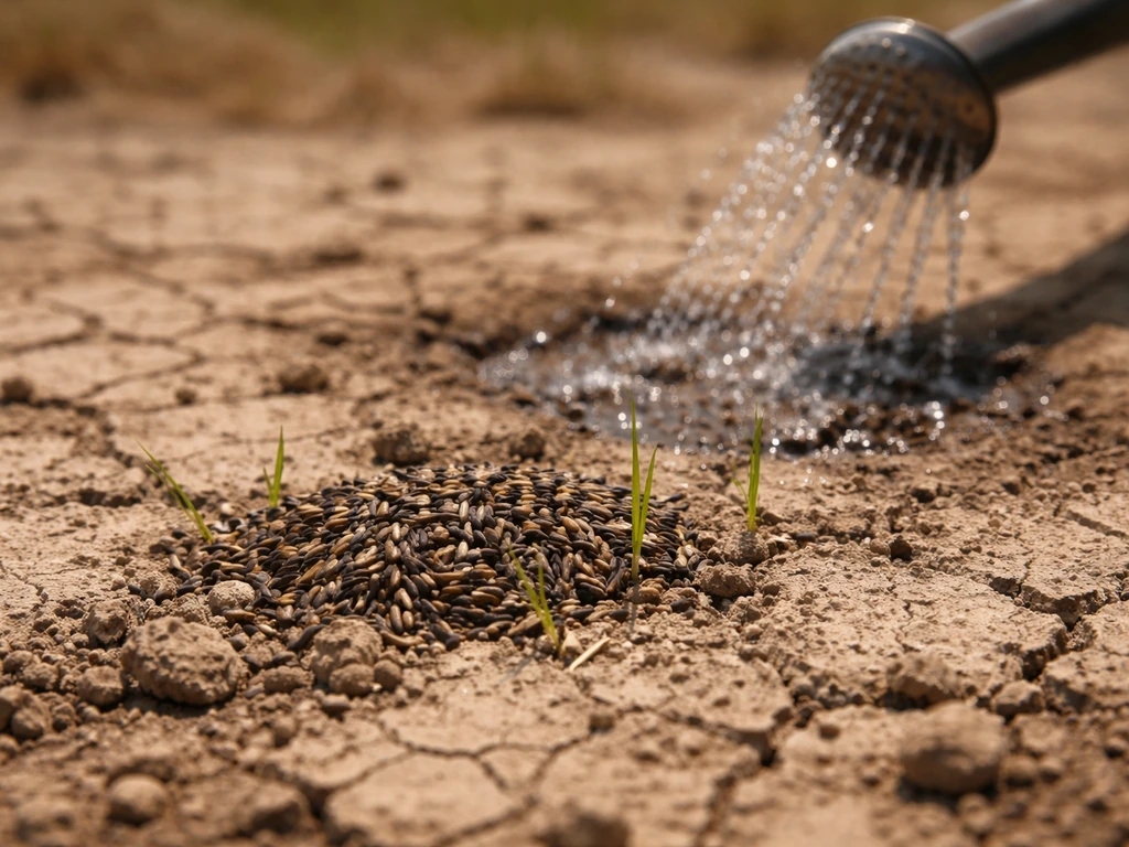 Graine de gazon et terre sèche à ras le sol, gouttes d’eau peu nombreuses, chaleur suggérée, arrosage insuffisant.