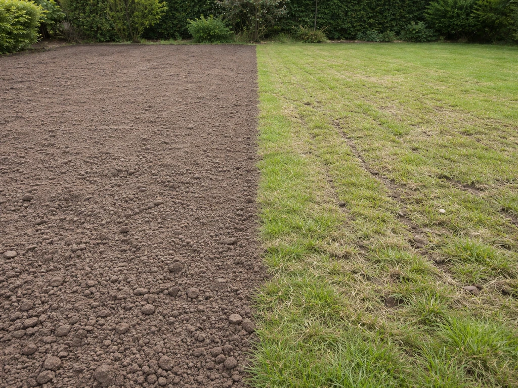 Comparatif jardin : sol nu préparé pour semis d’un côté, pelouse existante scarifiée de l’autre.