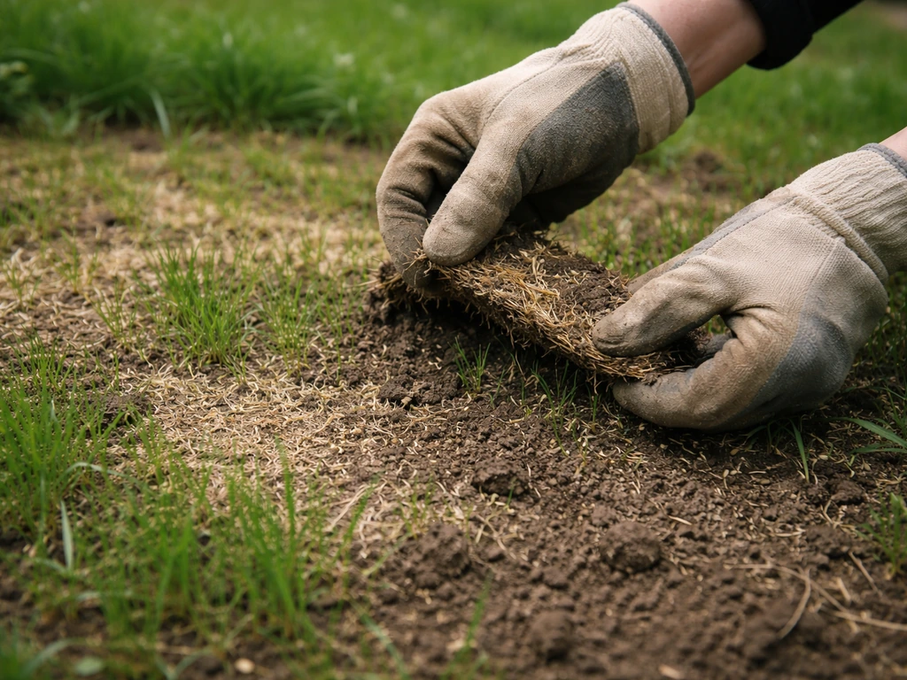 Jeune gazon avec plaques claires, mains gantées inspectant le contact sol–graine en soulevant légèrement la terre.