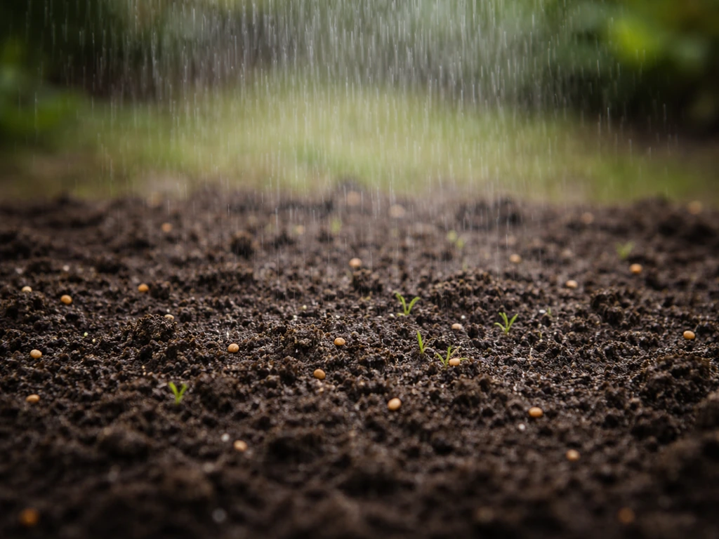 Arrosage très doux en pluie fine sur une petite surface de sol humide, vue rapprochée, germination en cours.