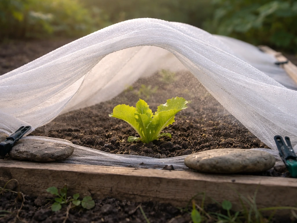 Jeune semis protégé par un voile de forçage, bords maintenus par des pierres, terreau humide.