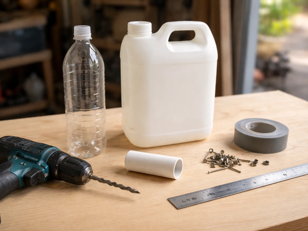 Table de garage avec bouteille/bidon, tube PVC, perceuse et ruban pour un bricolage DIY.