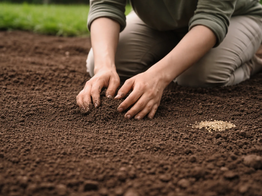 Jardinier émiettant et nivelant la terre, sol fin et prêt à recevoir des graines