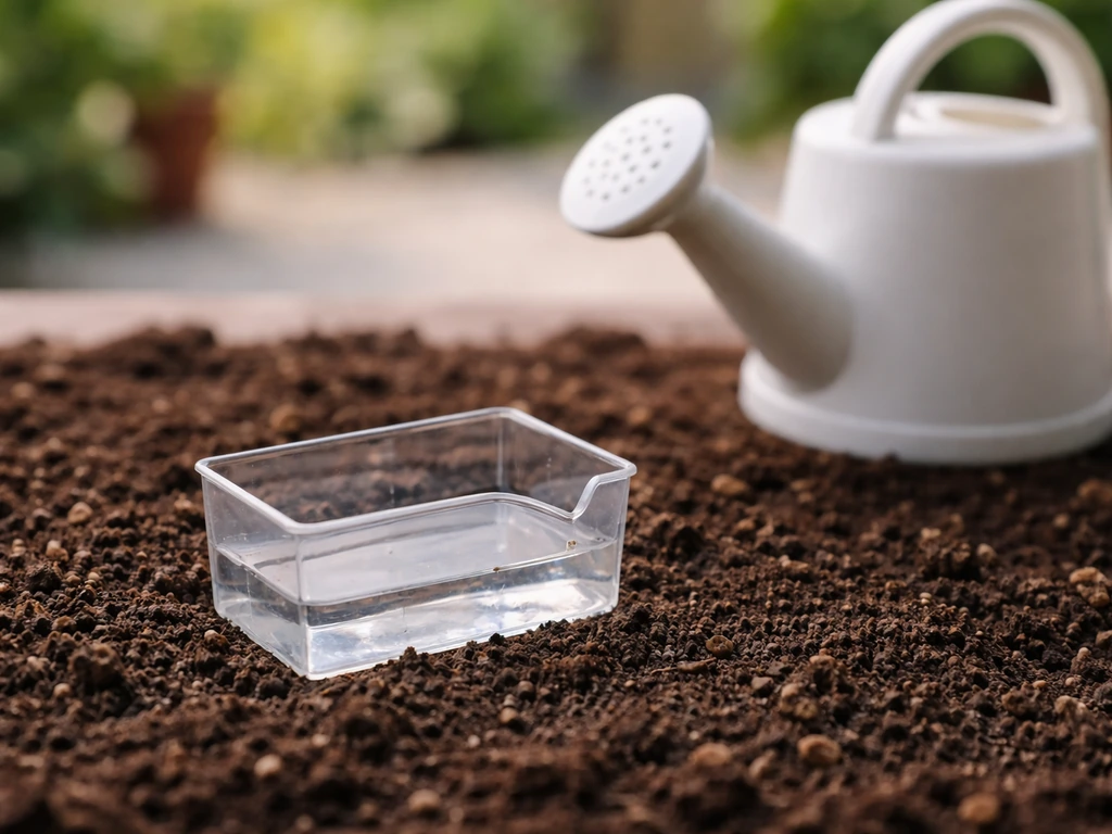 Mini-bac de mesure transparent avec une faible quantité d’eau sur terreau, évoquant un dosage d’environ 10 mm.