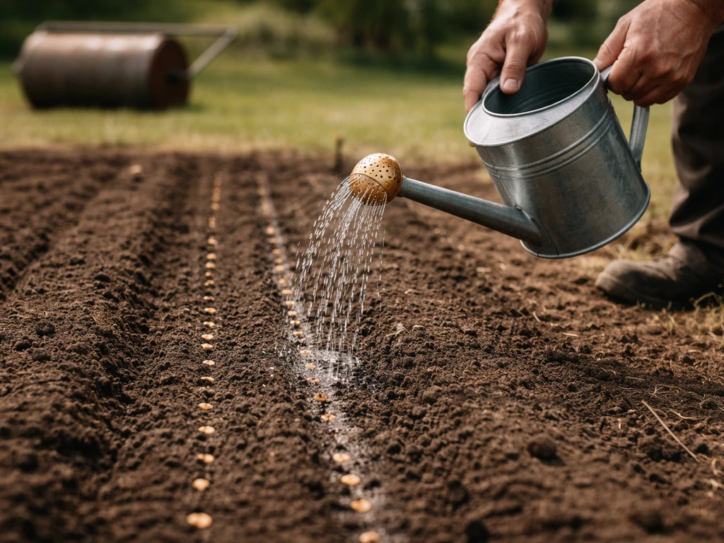Mains arrosant des graines fraîchement semées sur une terre préparée, ambiance jardin au naturel.