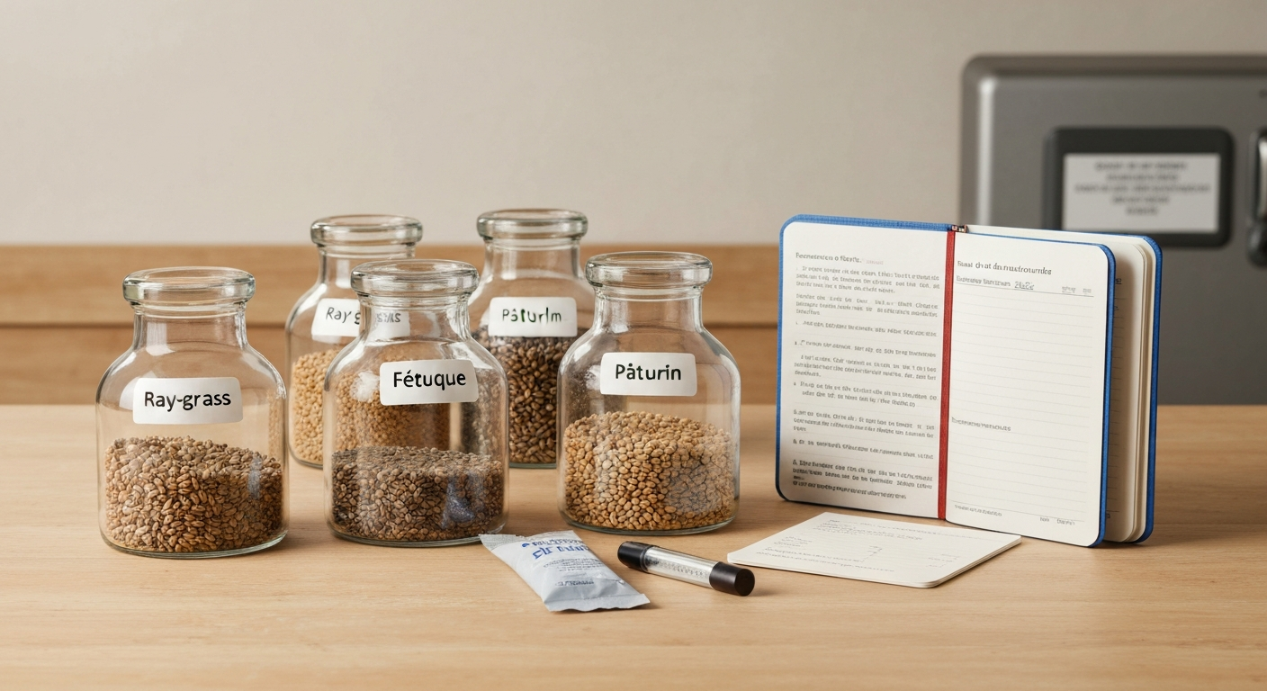 Bocaux en verre étiquetés contenant des graines de gazon, sachet de gel de silice et thermomètre sur un plan de travail, réfrigérateur en arrière-plan.