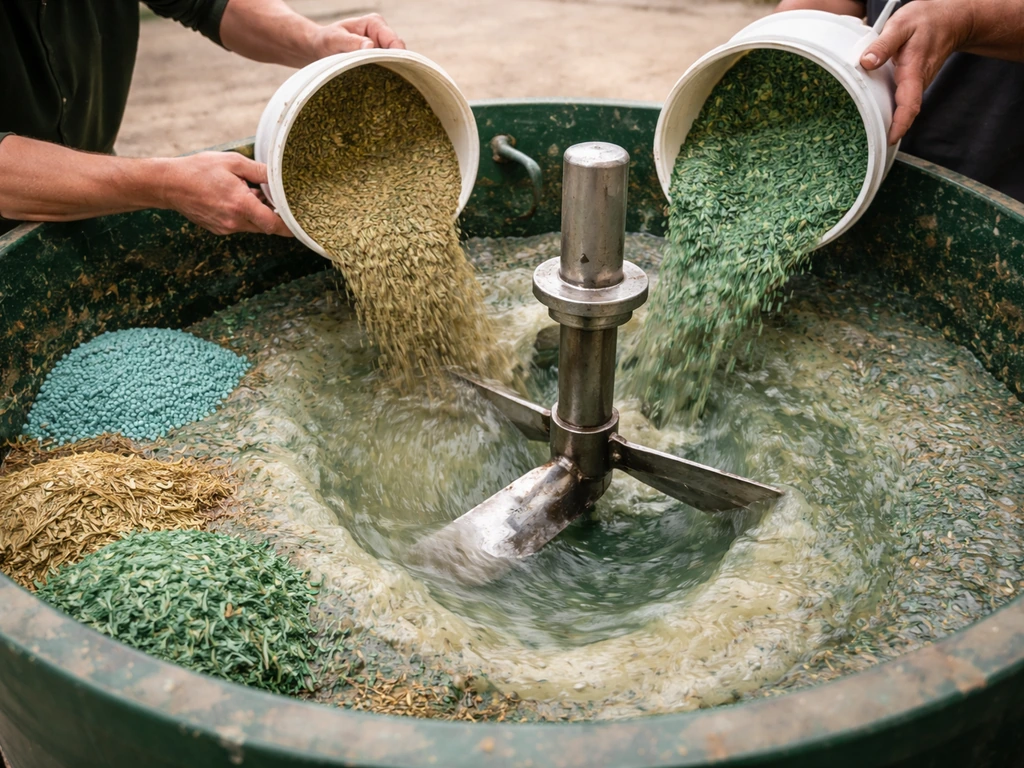 Mélange hydroseeding : semences et mulch ajoutés dans le tank avec agitateur en marche, mains anonymes visibles.