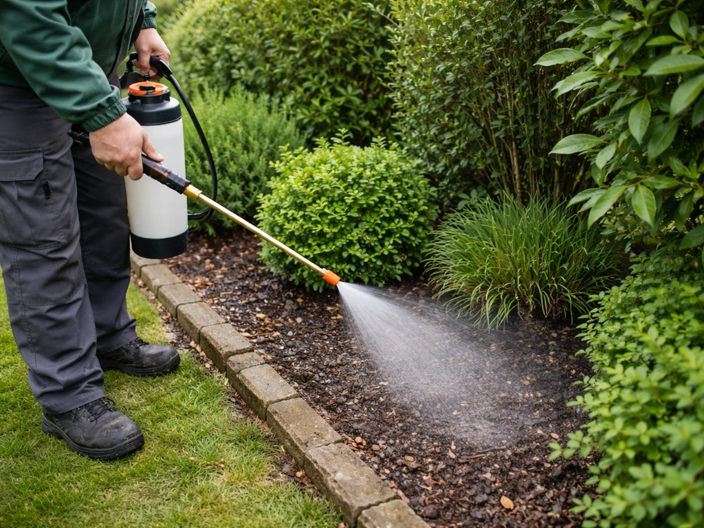 Jardinier anonyme pulvérisant un mélange au pied d’une bordure, recouvrement uniforme visible