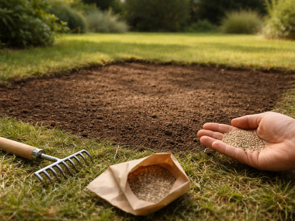 Sol à nu prêt à être ensemencé pour un gazon rustique dans un jardin français, avec graines et outils.