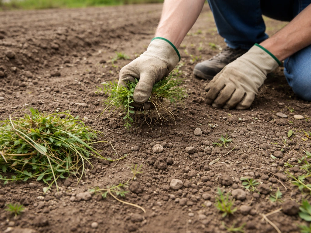 Personne en gants arrachant des mauvaises herbes et nettoyant une parcelle avant le travail du sol