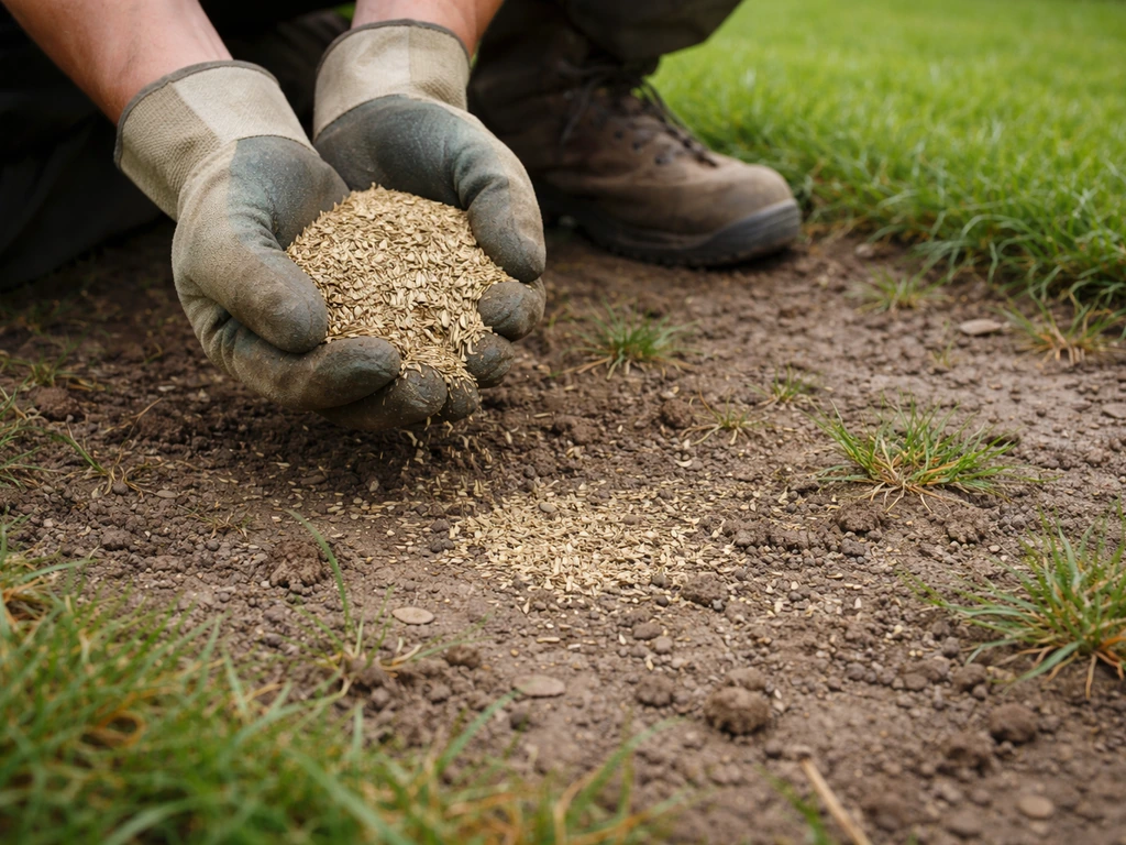 Zone de gazon clairsemée regarnie avec mélange de graines, terre humide et brins d’herbe autour.