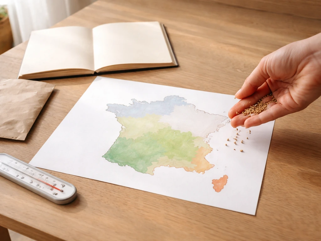 Carte de France simplifiée et matériel de semis sur une table, ambiance printemps, lumière naturelle.