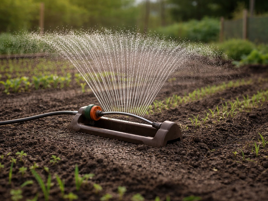 Arroseur oscillant projetant une pluie fine sur une terre fraîchement ensemencée, sol humide de printemps.